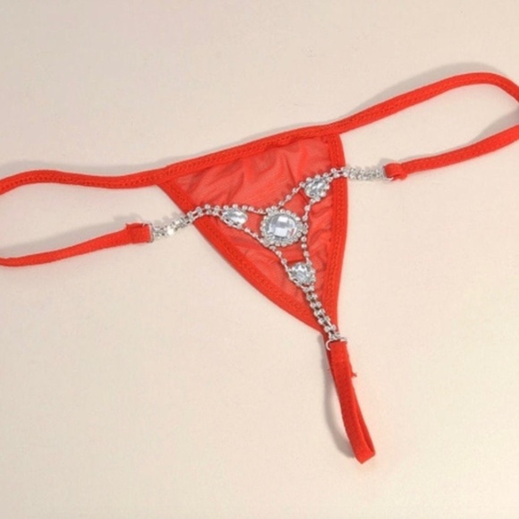 RED Rhinestone Satin Bejewelled Micro Bikini  bottom - Picture 1 of 1